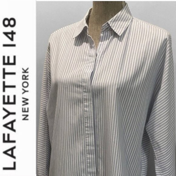 Lafayette 148 NY Blue Striped Button Front Blouse Cotton Size Medium - Picture 1 of 13